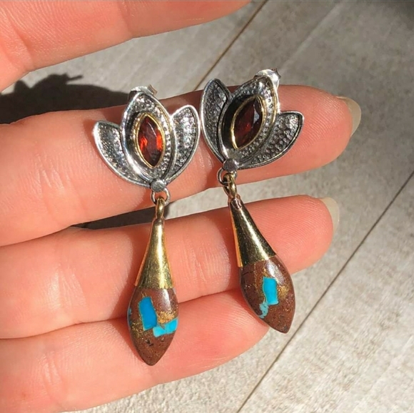Jewelry - SOLD Basalt Turquoise & Garnet 925 Earrings